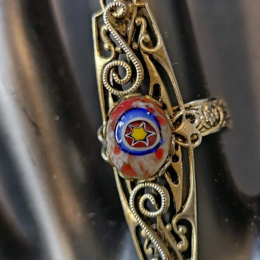VTG 1960s Star Millefiori Glass Cabochon Ring Adjustable Made In Italy‎ Red Blue